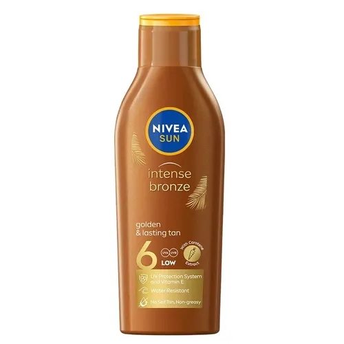 NIVEA SUN Intense Bronze Carotin Sonnenlotion SPF 6 200ml - Sonnenschutzmittel mit Carotin-Extrakt für eine schnelle, tiefe Bräune und goldenen Glanz. Feuchtigkeitsspendend und schützend gegen Sonnenbrand mit niedrigem SPF 6.