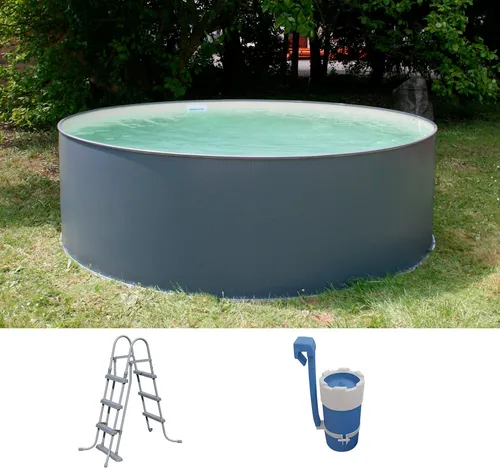 Stahlwandpool Set rund Arizona 350x90 cm - Swimmingpool in rund, anthrazit mit 0,3 mm starker Stahlwand und blauer UV-stabilisierten Folie. Ideal für erfrischende Sommertage im eigenen Garten, inklusive Sicherheitsleiter und Filter.