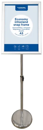 Europel Infoständer Economy, Klapprahmen A4 Silber, Profil 25mm, Hoch- oder Querformat, höhenverstellbar, Präsentationsständer für Plakate, Schilder, Werbung, Menüs, Geschäfte, Hotels, Restaurants.