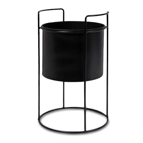 Spetebo Metall Übertopf mit Gestell schwarz - 26 x 16 cm - Pflanzenständer rund mit Blumentopf - Innen Deko Blumenhocker Pflanzenständer Blumentopfhalter mit Topf