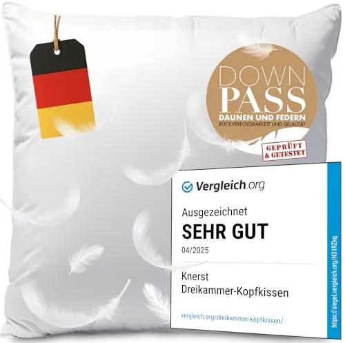 KNERST Daunenkissen 3 Kammer - Luxusqualität 80x80 cm, 90% Daunen für optimalen Schlafkomfort, Allergiker geeignet, hergestellt in Deutschland