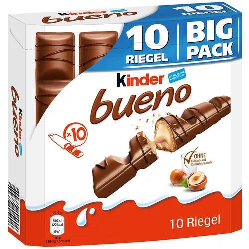 Schokoriegel Kinder-Bueno 215g, 10 knusprige Riegel - Zarte Waffel-Riegel mit Milch-Haselnuss-Creme, umhüllt von Vollmilchschokolade. Ideal zum Teilen und Genießen, ohne künstliche Farb- und Konservierungsstoffe.