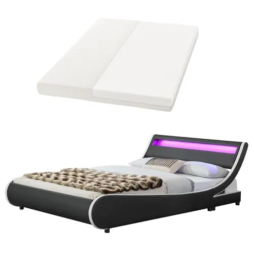 Juskys Polsterbett Valencia 180x200 cm - Komfortabel mit LED & Matratze - Doppelbett 180x200 cm in schwarz mit stabiler Matratze und Lattenrost. Das Kopfteil mit LED-Beleuchtung sorgt für gemütliche Abende und eine moderne Note in Ihrem Schlafzimmer.
