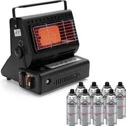 Tragbare Keramik Gasheizung 1,3KW Camping Gaskocher mit 4x Butan Gaskartuschen