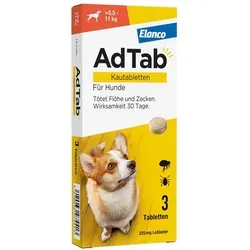 AdTab 225 Mg Kautabletten für Hunde >5,5-11 Kg - Tiergesundheit: Effektiver Zecken- und Flohschutz für Hunde zwischen 5,5 und 11 kg, wirkt schnell und einfach in leckerer Rindfleisch-Form.