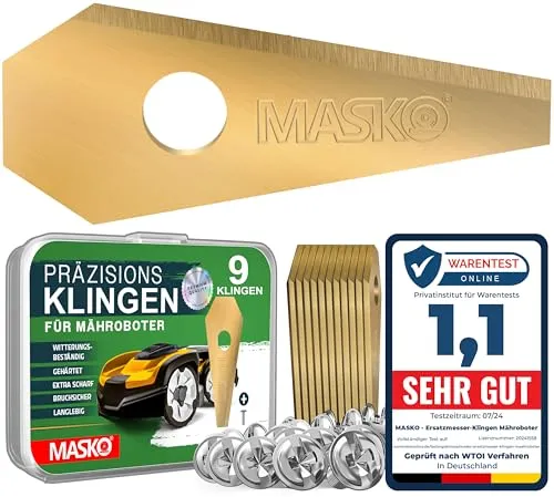 MASKO® Ersatzmesser Klingen für Mähroboter | Rasenmäher Messer universal inkl. innovativen Schrauben | Ersatzklingen Rasenroboter langlebig Titan-Beschichtung Kompatibel mit Bosch 9 Stück