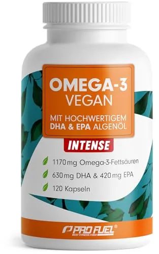 ProFuel Omega-3 vegan forte | 120 Kapseln | hochdosiertes Algenöl - Nahrungsergänzungsmittel mit 315 mg DHA und 210 mg EPA pro Kapsel, nachhaltig produziert und frei von Schadstoffen – ideal für Herz, Gehirn und Augen.