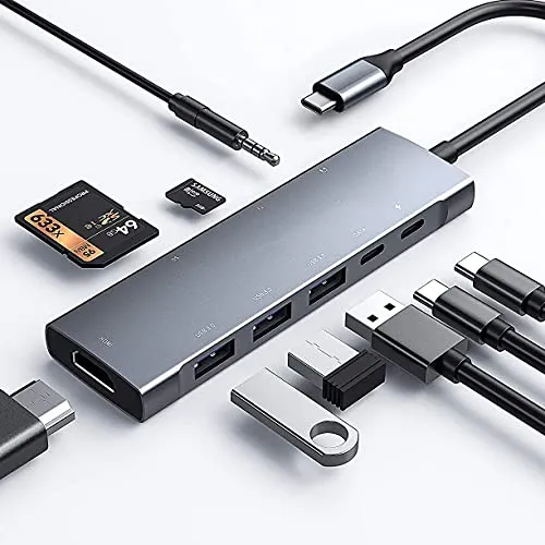 USB C Hub Adapter für iPad Pro M4 M2 M1 MacBook Pro Air, 9in1 USB C hub mit 4K HDMI,3.5mm Jack, 3xUSB 3.0, SD/TF Kartenleser, 60W USB-C Aufladung, USB-C 3.0 Datenübertragung