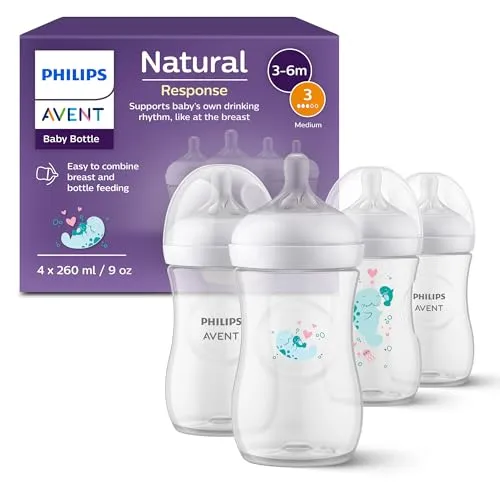 Philips AVENT Natural Response Geschenkset für Babys - 4 Natural Response Babyfläschchen (260 ml) mit T3 Saugern, die den natürlichen Trinkrhythmus unterstützen und Koliken reduzieren – ideal für ein sicheres Füttern.