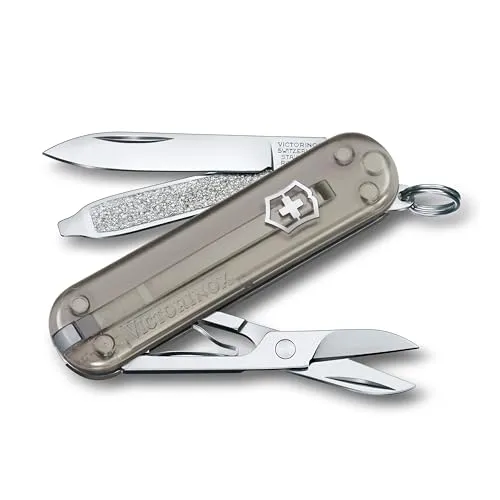 Victorinox Schweizer Taschenmesser, Klein, Classic SD, Multitool, Swiss Army Knife, Geschenk, 7 Funktionen, Klinge, Nagelfeile, Grau Transp.
