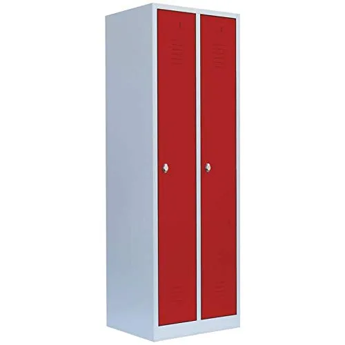 Spind Garderobenschrank Lichtgrau/Rot 180x60x50cm mit 2 Abteilen - Robuster Garderobenschrank für Umkleideräume, ideal für Fitnessstudios und Schulen. Langlebige Stahlkonstruktion mit praktischen Lüftungsschlitzen und Etikettenrahmen.