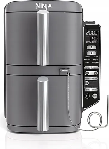 Fettfrei Ninja Doppelstöckige Friteuse SL451EU - 2 Schubladen & Thermometer - Fritteuse mit 2 unabhängig steuerbaren Schubladen, ideal für große Familien. Genießen Sie fettfreies Frittieren mit bis zu 75% weniger Fett und 6 Kochfunktionen für vielseitige Zubereitung.