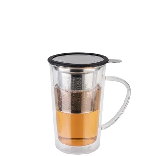 GEFU Teeglas MIRA mit Edelstahlfilter 235 ml | Doppelwandiges Borosilikatglas, hitzebeständig, Aromadeckel & Untersetzer | Spülmaschinengeeignet