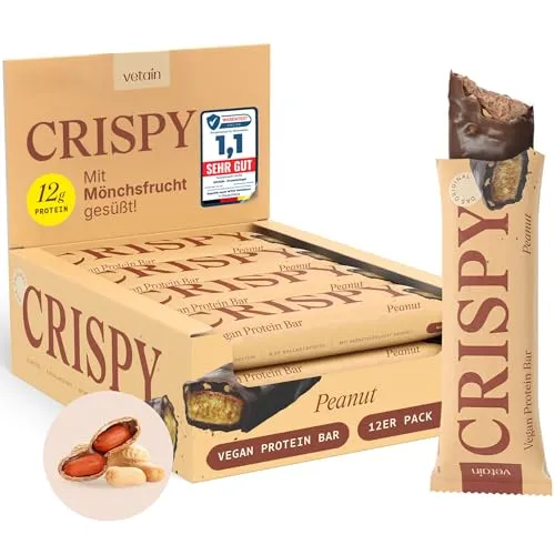 VETAIN Vegan Proteinriegel - Crispy Peanut - 12g Protein - Der perfekte Snack für unterwegs! Mit 12g pflanzlichem Protein pro Riegel, gesüßt mit Mönchsfrucht und ohne Zuckerzusatz. Knusprig außen, saftig innen – 100% vegan und aus natürlichen Zutaten, ideal für bewusste Ernährung.