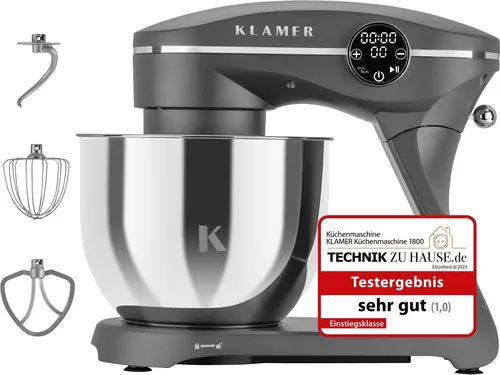 KLAMER Küchenmaschine 1800W - 6 Liter Edelstahl Schüssel, 10 Geschwindigkeitsstufen mit Timer und Spritzschutz für müheloses Kneten von Pizza- und Brotteig
