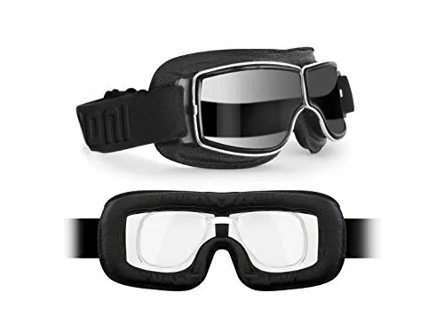 BERTONI Motorradbrille Schutzbrille für Harley Davidson Chopper und Scrambler aus schwarzem Leder und Chrom Rahmen mod. 188 (Selbsttönend Linse + Optischer Adapter)
