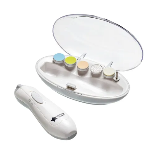 Tommee Tippee Twist & Click Elektrische Nagelfeile - Praktische elektrische Nagelfeile für Kinder und Erwachsene mit 6 Aufsätzen. Ideal zum sicheren Kürzen der Nägel, leise im Betrieb und mit LED-Licht für beste Sicht.