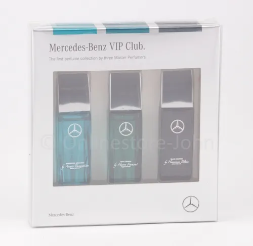 Mercedes-Benz VIP Club Miniaturset für Herren - 3 x 7ml EDT - Entdecken Sie das Mercedes-Benz VIP Club Miniaturset für Herren mit drei exklusiven Düften: Black Leather, Pure Woody und Energetic Aromatic. Ideal für unterwegs und perfekte Geschenke.