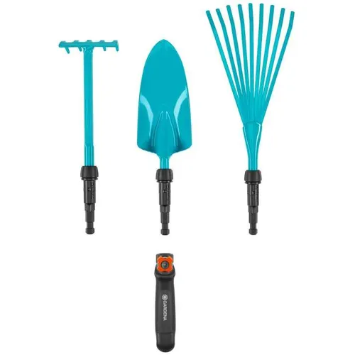 GARDENA combisystem Gartenwerkzeug-Set - Garten- und Grünflächenpflege: Flexibles Set mit Blumenkelle, Blumenrechen und Kleinbesen für müheloses Gärtnern und ergonomischen Komfort.