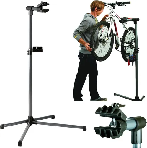 FISCHER Fahrradmontageständer Profi - Grau - Fahrrad-Montageständer für ergonomisches Arbeiten, geeignet für Oversize- und Y-Rahmen, mit 360° drehbarer Klemme und Tragkraft bis 30 kg. Inklusive Ablagebox für Werkzeug und Pflegemittel.