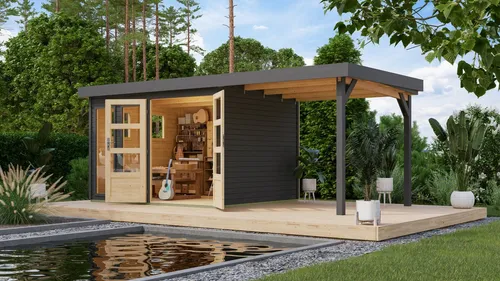 Gartenhaus KARIBU "Langesee 5 mit Anbaudach" – robust und vielseitig - Gartenhäuser aus hochwertiger nordischer Fichte, ideal für einfache Montage und optimalen Raumnutzung mit 7,21 qm Grundfläche und lichtdurchfluteten Fenstern.