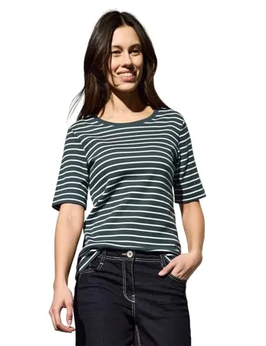 CECIL T-Shirt mit Streifen Muster, slate khaki - Rundhalsshirt in slate khaki mit atmungsaktivem und elastischem Feinripp-Jersey, ideal für einen lässigen Look und bequem für den Alltag.