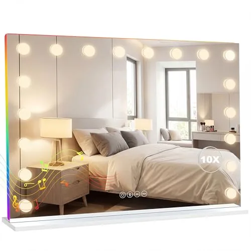 Hollywood Spiegel 80x60 cm mit RGB-Beleuchtung und Bluetooth - Stylischer Schminkspiegel mit LED-Beleuchtung, ideal für ein modernes Ambiente. Perfekt für jedes Zimmer und sorgt für optimale Lichtverhältnisse beim Schminken.