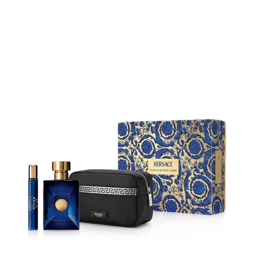 Versace Dylan Blue Pour Homme Eau De Toilette Set – 100ml + 10ml + Kulturbeutel - Entdecken Sie das exklusive Versace Dylan Blue EDT Set mit 100ml und 10ml Duft sowie einem praktischen Kulturbeutel. Ideal als Geschenk für stilbewusste Männer, die maskuline Eleganz und Frische schätzen.
