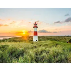 Fototapete LIVING WALLS "Leuchtturm Sylt", bunt (hellblau orange grün rot weiß), B:3,36m L:2,6m, Vlies, Tapeten, Dünen Tapete Strand Fototapete Wohnzimmer Tapeten Flur Design Optik