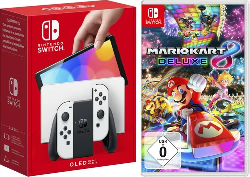NINTENDO SWITCH Konsolen-Set "OLED", weiß mit Mario Kart 8 Deluxe - Erlebe Gaming in brillanter OLED-Qualität! Das Set beinhaltet die Nintendo Switch OLED, zwei Joy-Con-Controller und das Spiel Mario Kart 8 Deluxe für unvergessliche Spielmomente.