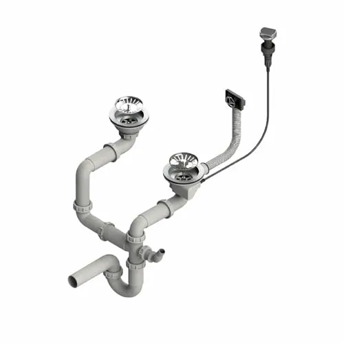 QLS Automatischer Doppelbecken-Siphon 3 1/2 Zoll - Praktischer Doppelbecken-Siphon für Ihre Küche. Mit automatischer Ablaufsteuerung und platzsparendem Design bietet er einfache Handhabung und optimale Nutzung des Stauraums unter der Spüle.