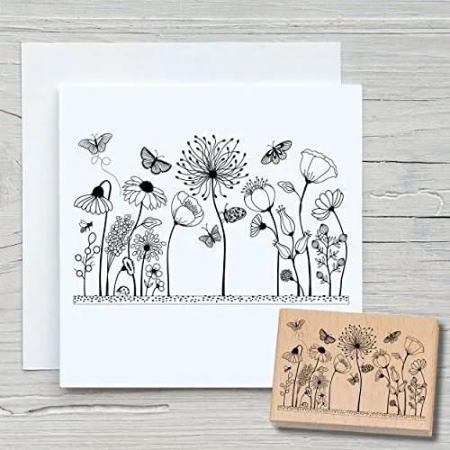 NEWSTAMPS Stempel Blumenwiese 02 Motivstempel groß aus Holz & Gummi zum Karten basteln, Holzstempel, Blumen, Pflanzen, Floral, Wiese, Gräser, Scrapbook, Textilstempel, Deko, Kinder