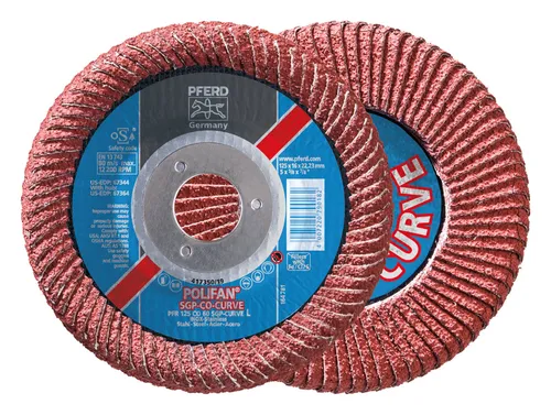 PFERD Fächer Schleifscheiben CURVE M 125mm K 60 CO - Hochleistungs-Fächerschleifscheibe für Edelstahl, optimaler Materialabtrag und kühler Schliff