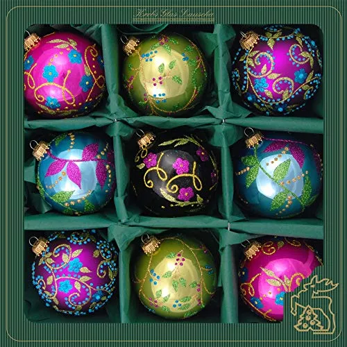 Krebs Glas Lauscha - Weihnachtsdekoration/Christbaumschmuck aus Glas - Weihnachtskugeln - Motiv: Verzauberter Wald - 9 Stück - Größe: ca. 8 cm