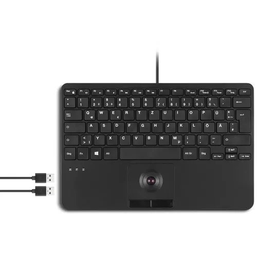 Perixx PERIBOARD-526 H DE USB Tastatur - Kabelgebundene Mini-USB-Tastatur mit Trackball und 2 integrierten USB-Hubs, ideal für platzsparendes Arbeiten und effiziente Nutzung.