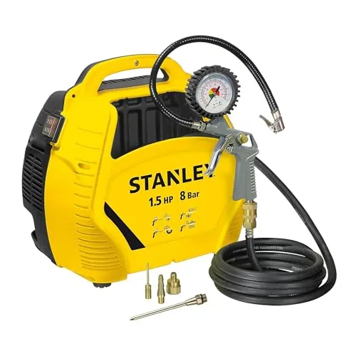 Stanley Kompressor 8 Bar - Ölfreier Luftkompressor mit 180 l/min, inkl. 3 m Luftschlauch und Druckluftpistole mit Manometer