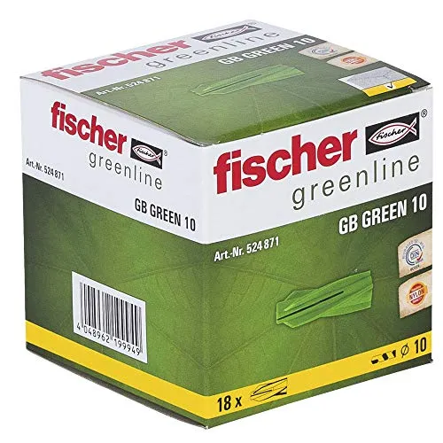 fischer GB GREEN 10 - Gasbetondübel aus min. 50% nachwachsenden Rohstoffen zum Befestigen von Briefkastenanlagen, Elektroinstallationen in Porenbeton - 18 Stück - Art.-Nr. 524871, grün