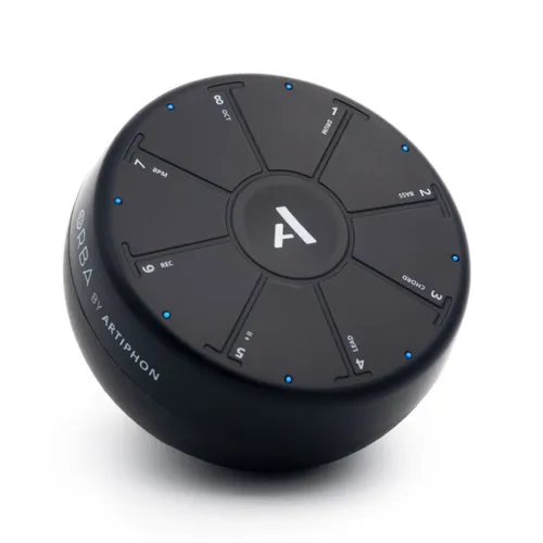 Artiphon Orba Mini Synthesizer - Kompakter Mini Synthesizer und Looper mit 4 Spuren, ideal für kreative Performances. Ausgestattet mit 8 sensiblen Touchpads und Bluetooth LE, bietet er vielseitige Möglichkeiten für Musikproduktion.