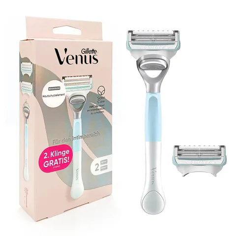 Gillette Venus Satin Care Nassrasierer für den Intimbereich mit 2 Klingen - Der Gillette Venus Damenrasierer für den Intimbereich bietet eine sanfte Rasur mit speziellen Klingen, die Hautirritationen minimieren. Der integrierte Präzisionstrimmer ermöglicht das Erreichen schwieriger Stellen für ein perfektes Ergebnis.
