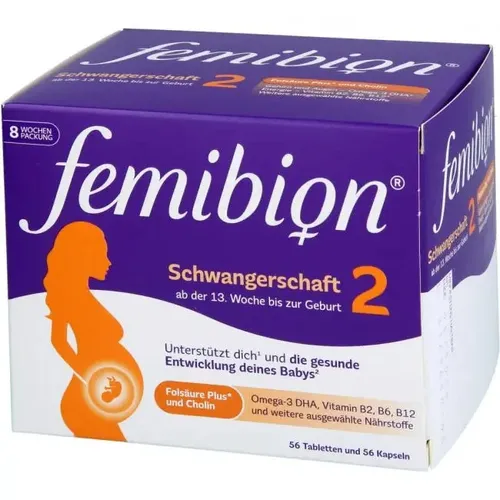 Femibion 2 Schwangerschaft - 8-Wochen-Packung mit 56 Tabletten und Kapseln - Vitamin B9 (Folsäure) - Speziell entwickelt für Schwangere mit Folsäure Plus und DHA zur Unterstützung der gesunden Entwicklung von Gehirn und Augen Ihres Babys.