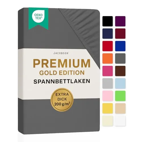 Jacobson Premium Spannbettlaken 200 g/m² Jersey Baumwolle mit Elasthan (90x200-100x200 cm, Anthrazit) - Hochwertiges Spannbettlaken aus 200 g/m² Jersey mit Elasthan für perfekten Sitz. Pflegeleicht, strapazierfähig und atmungsaktiv – ideal für erholsame Nächte.