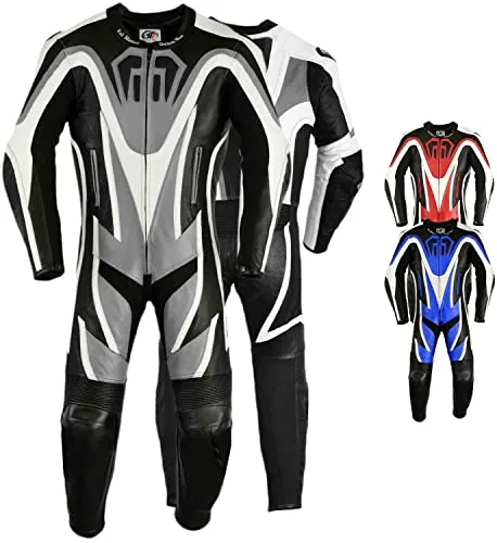 GermanWear Einteiler Motorradkombi Motorrad Lederkombi aus Rindsleder Echtleder Kombi , Größe:60/4XL, Farbe:Grau