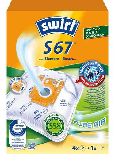 Swirl MODEL S67 MP AirSpace Green Line - 4 Stück - Hochwertige Staubsaugerbeutel für Niedrigleistungs-Staubsauger. Mit TÜV NORD Zertifizierung und speziellem AntiBac-System für optimale Hygiene im Haushalt.