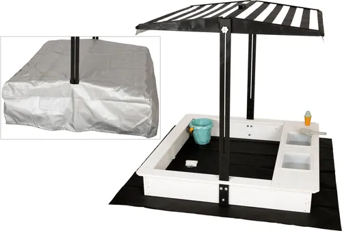 WONDERMAKE® Design Sandkasten mit Matschküche - Sandboxen mit Dach und 2 Wasserbecken, aus hochwertigem Fichtenholz, wasserdichter Abdeckung und Unkraut-Vlies für maximalen Spielspaß im Garten.