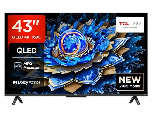 TCL 43T69C 43 Zoll QLED TV – 4K HDR Smart TV mit Dolby Vision - Fernseher mit QLED-Technologie für lebendige Farben und beeindruckenden Kontrast. Ideal für Gamer mit HDMI 2.1, niedriger Latenz und Game Master-Funktionen.
