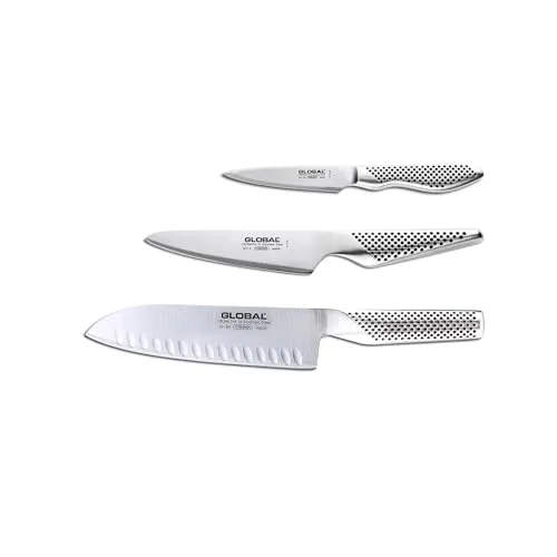 GLOBAL Messer-Set Yoshikin G-80338 - 3-teiliges Spar-Set - Messerset für Profiköche: Enthält das vielseitige Santoku-Messer mit Kullenschliff, ein kleines Kochmesser und ein ergonomisches Schälmesser für präzise Schneidetechniken.