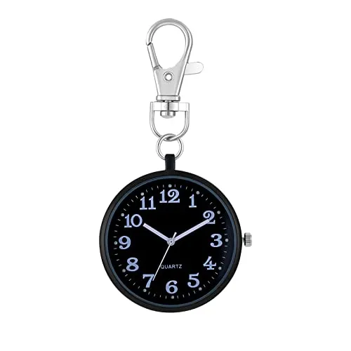 JewelryWe Taschenuhr Uhr mit Karabiner Schlüsselanhänger: Damen Herren Karabineruhr Klassische Einfache Analog Quarz Uhren mit Schwarz Rundem Gehäuse und großen Arabischen Zahlen Zifferblatt