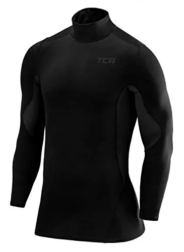TCA Kompressionsshirt für Herren mit Kragen - Funktionsunterwäsche Herren Jungs Stehkragen - Funktionsshirt Langarm - Baselayer Fahrrad Laufen Gym - Compression Shirt - Schwarz/Schwarz, XL