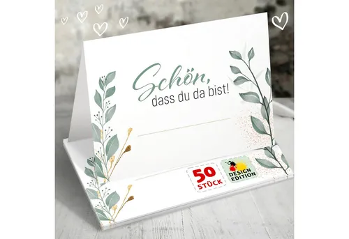 Funke & Brand Grußkarten 50x Tischkarten Hochzeit Schön, dass du da bist Floral Grün Gold