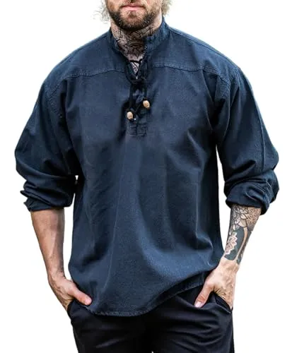 Leonardo Carbone® Mittelalter Hemd Ansbert - Mittelalter Kleidung, Mittelalter Hemd Herren, LARP-Kleidung, Festival Outfit, Karneval Kostüm, Freizeithemden Langarm - 100% Baumwolle Blau S